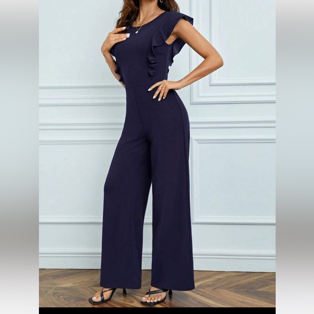 SHEIN Navy Ruffle Sleeve Jumpsuit